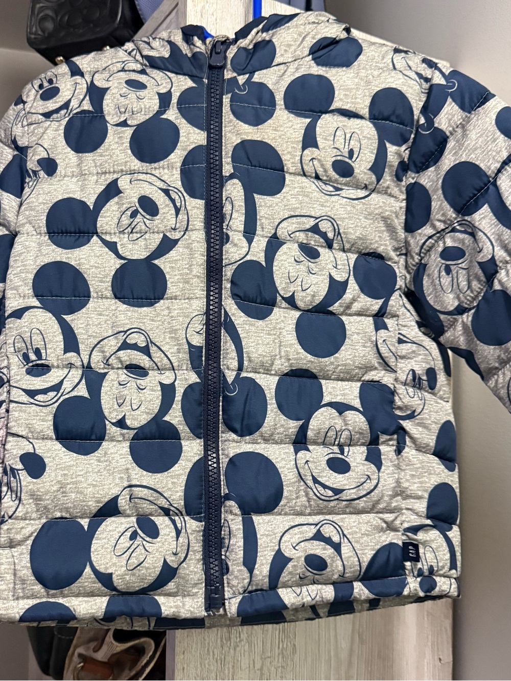 GAP Navy and Light Gray Mickey Mouse Puffer Jacket